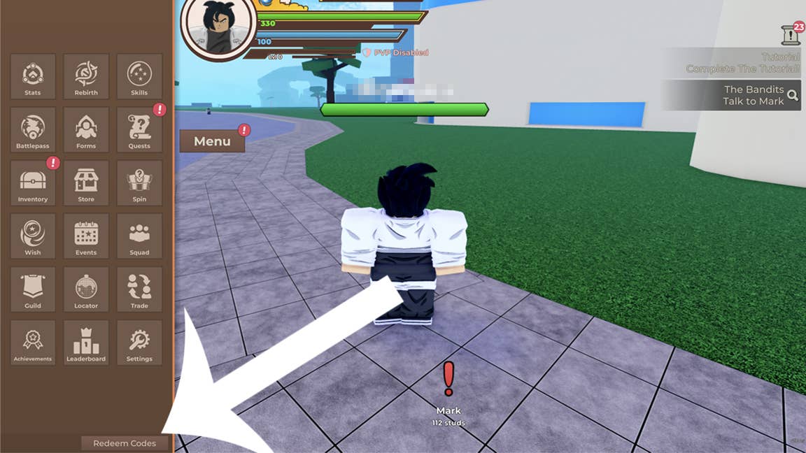 Стрелка, указывающая на кнопку активации кодов в игре Dragon Blox в Roblox.