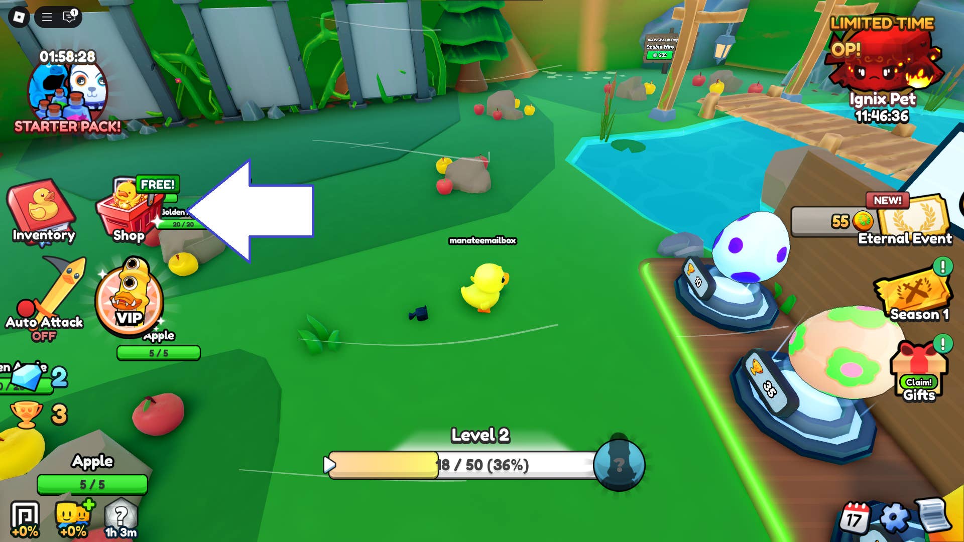 Скриншот Duck Evolution в Roblox, показывающий кнопку магазина.