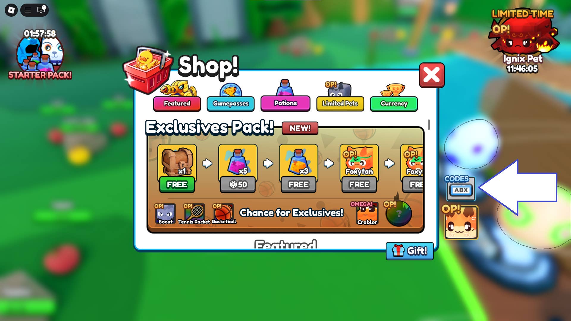 Скриншот Duck Evolution в Roblox, показывающий кнопку кодов в игре.