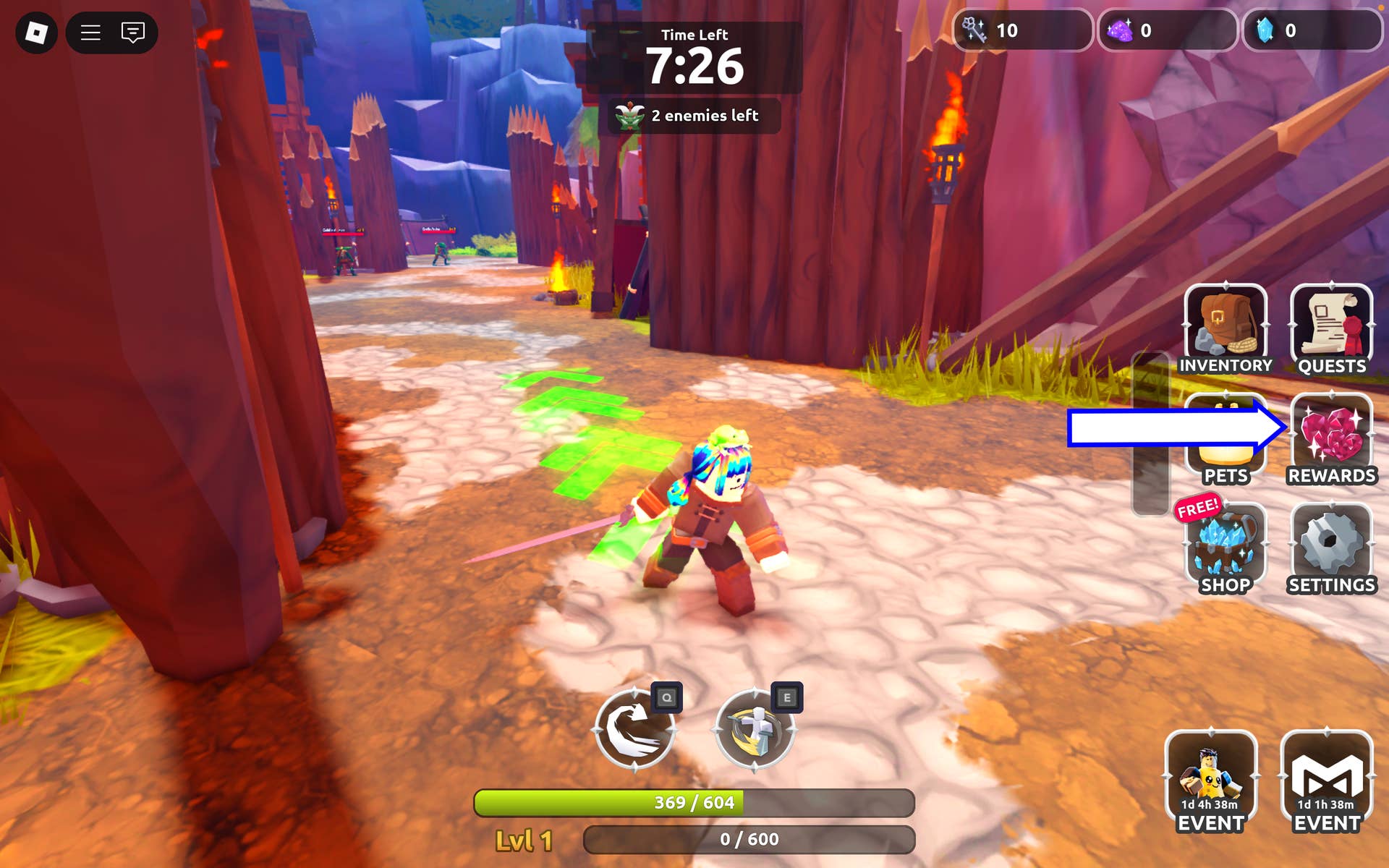 Скриншот Dungeon Heroes в Roblox с кнопкой наград.