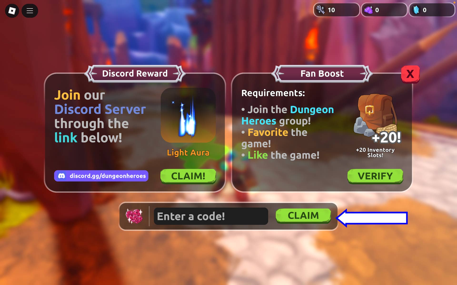 Скриншот Dungeon Heroes в Roblox с полем для ввода кода.