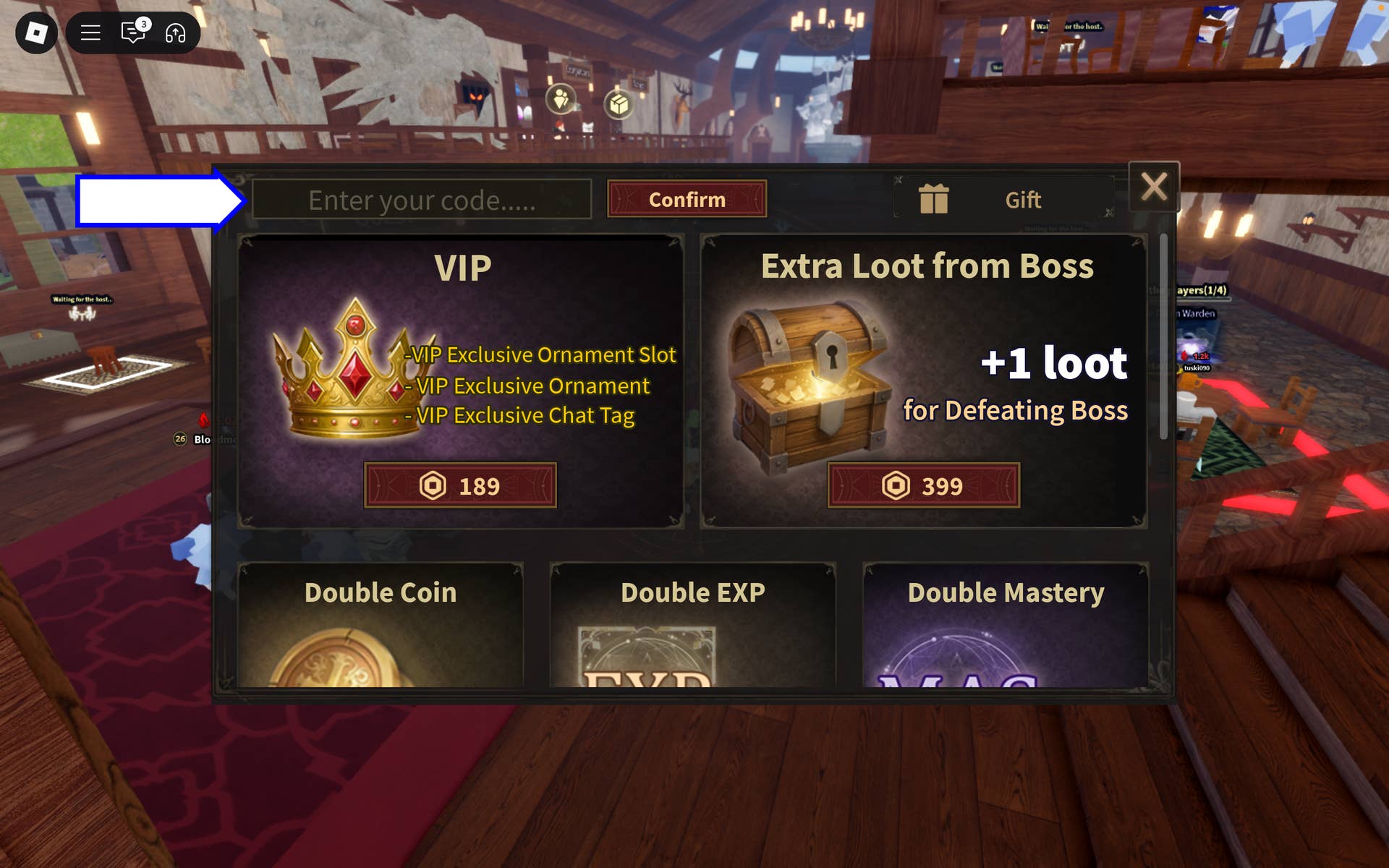 Скриншот Dungeon Lootify в Roblox: показано поле для ввода кодов.