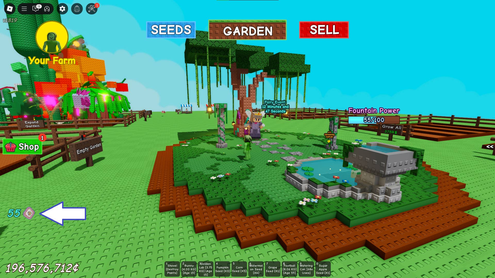 Скриншот Grow a Garden с индикатором Очков фей.