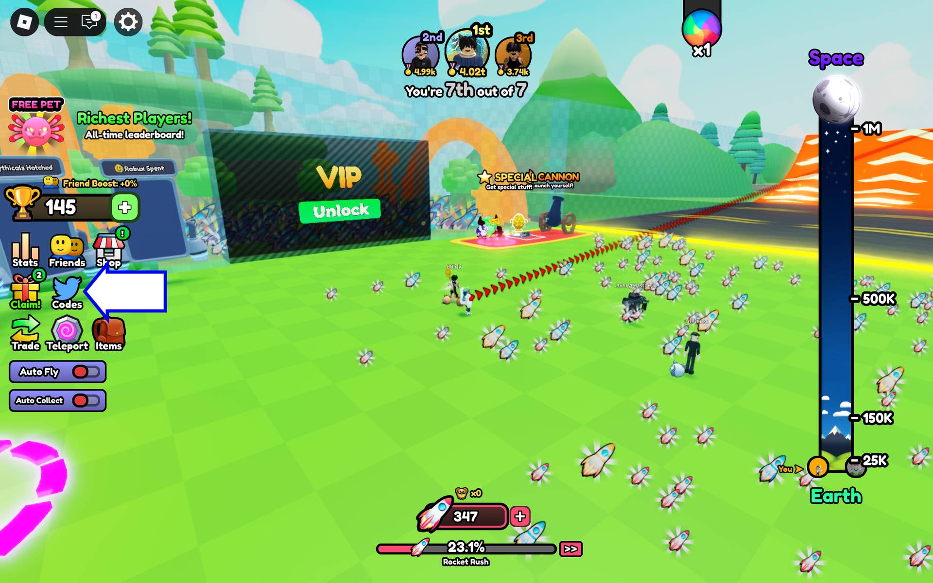 Скриншот Fly to Space в Roblox, показывающий кнопку кодов игры.