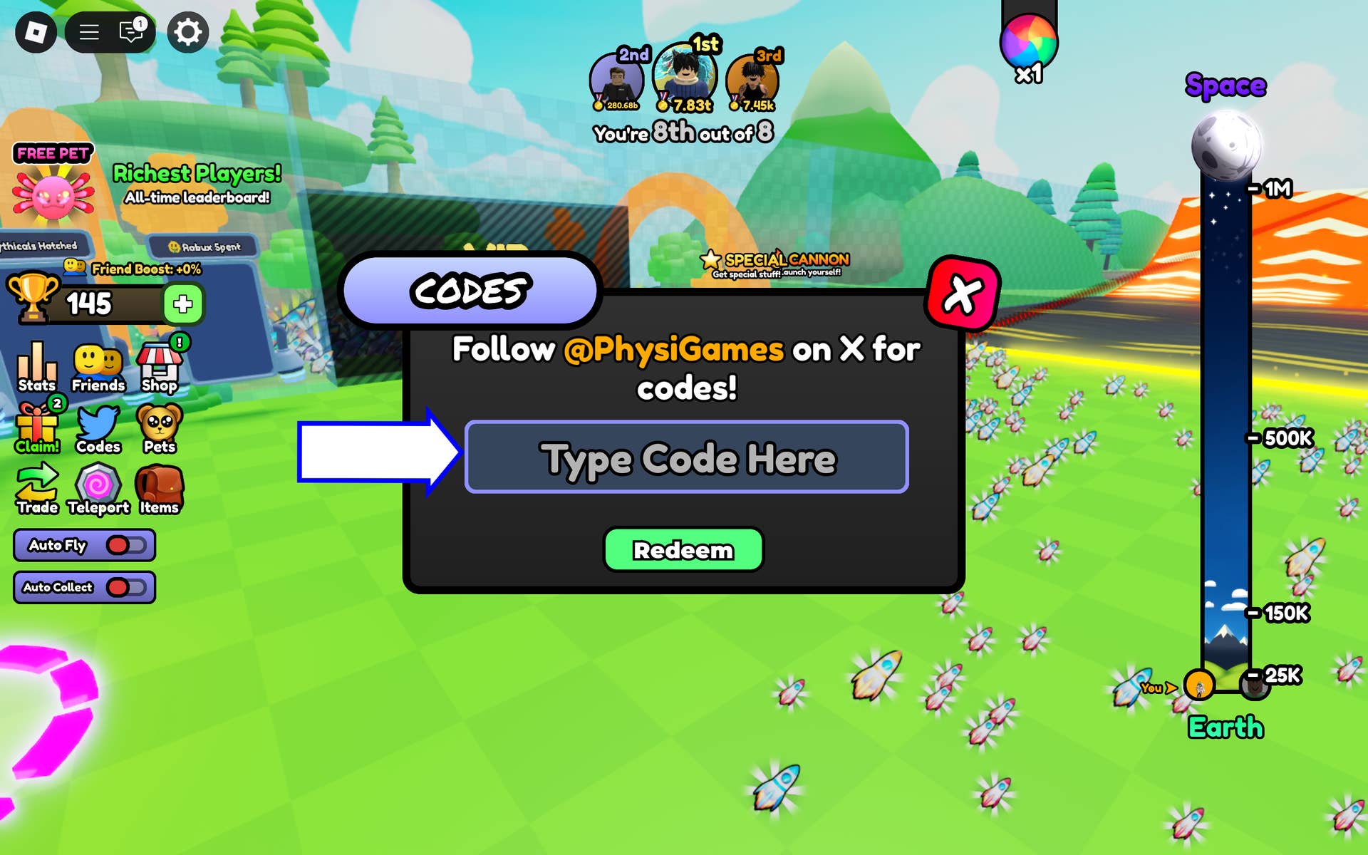Скриншот Fly to Space в Roblox, показывающий экран ввода кодов игры.