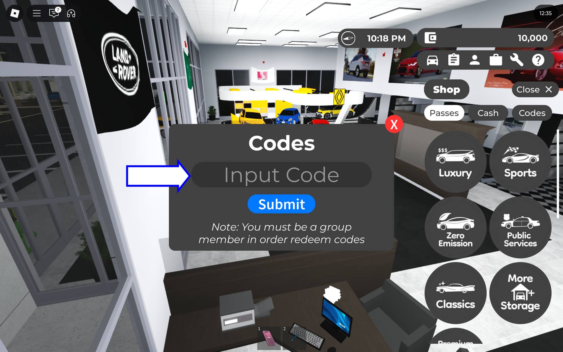 Скриншот Greenville в Roblox с полем для ввода кода.