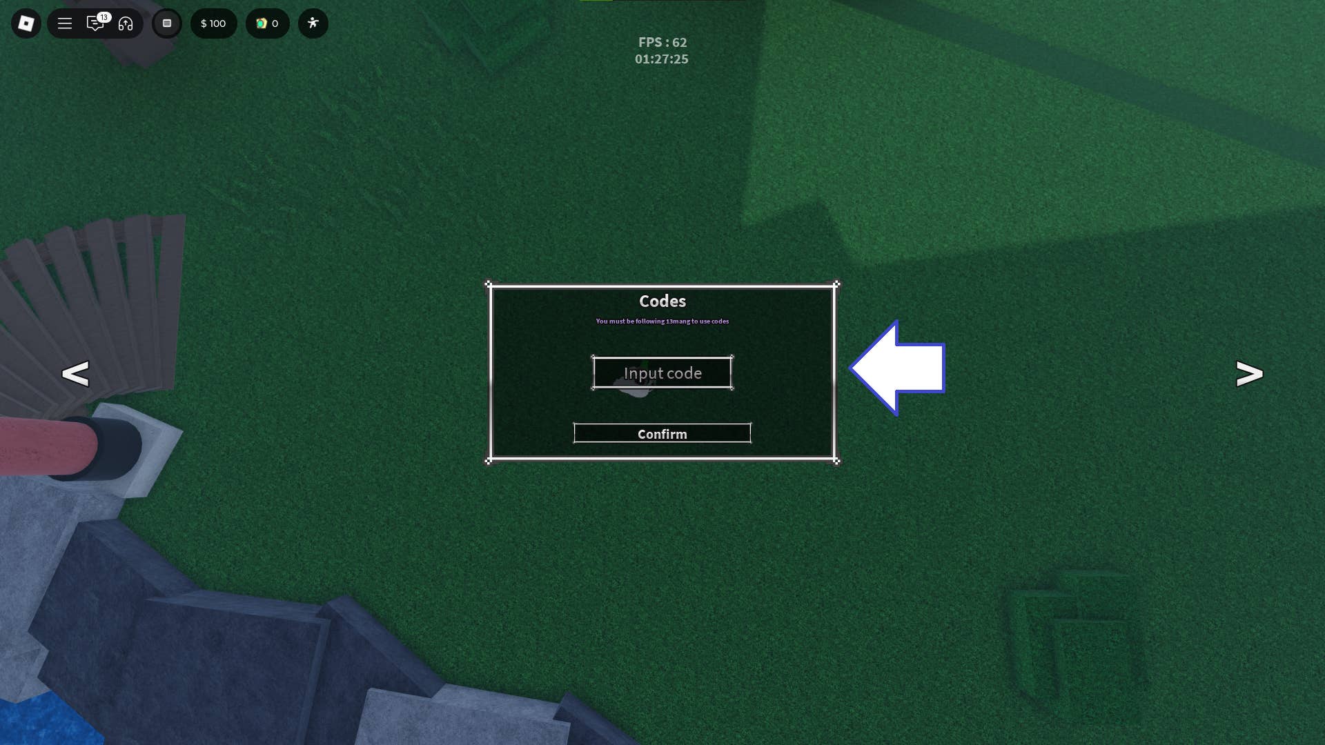 Скриншот Heaven Stand в Roblox с показанным полем для ввода кодов.