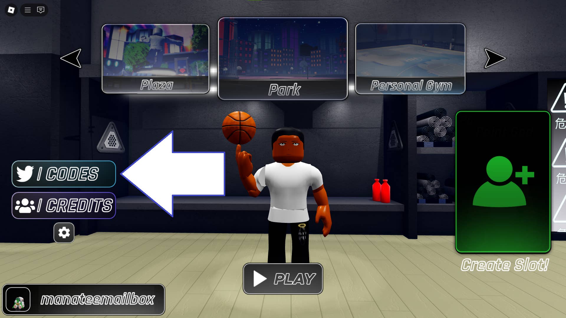Скриншот Hoop Heroes в Roblox с кнопкой кодов игры.