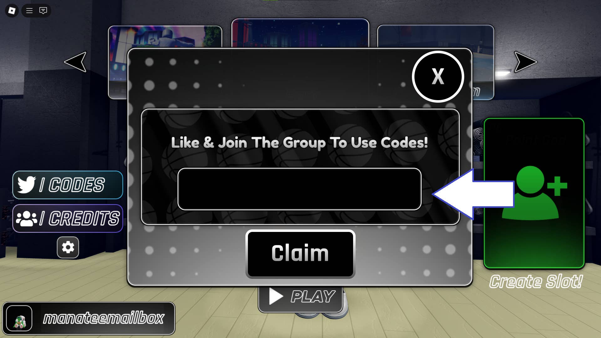 Скриншот Hoop Heroes в Roblox с полем ввода кодов игры.