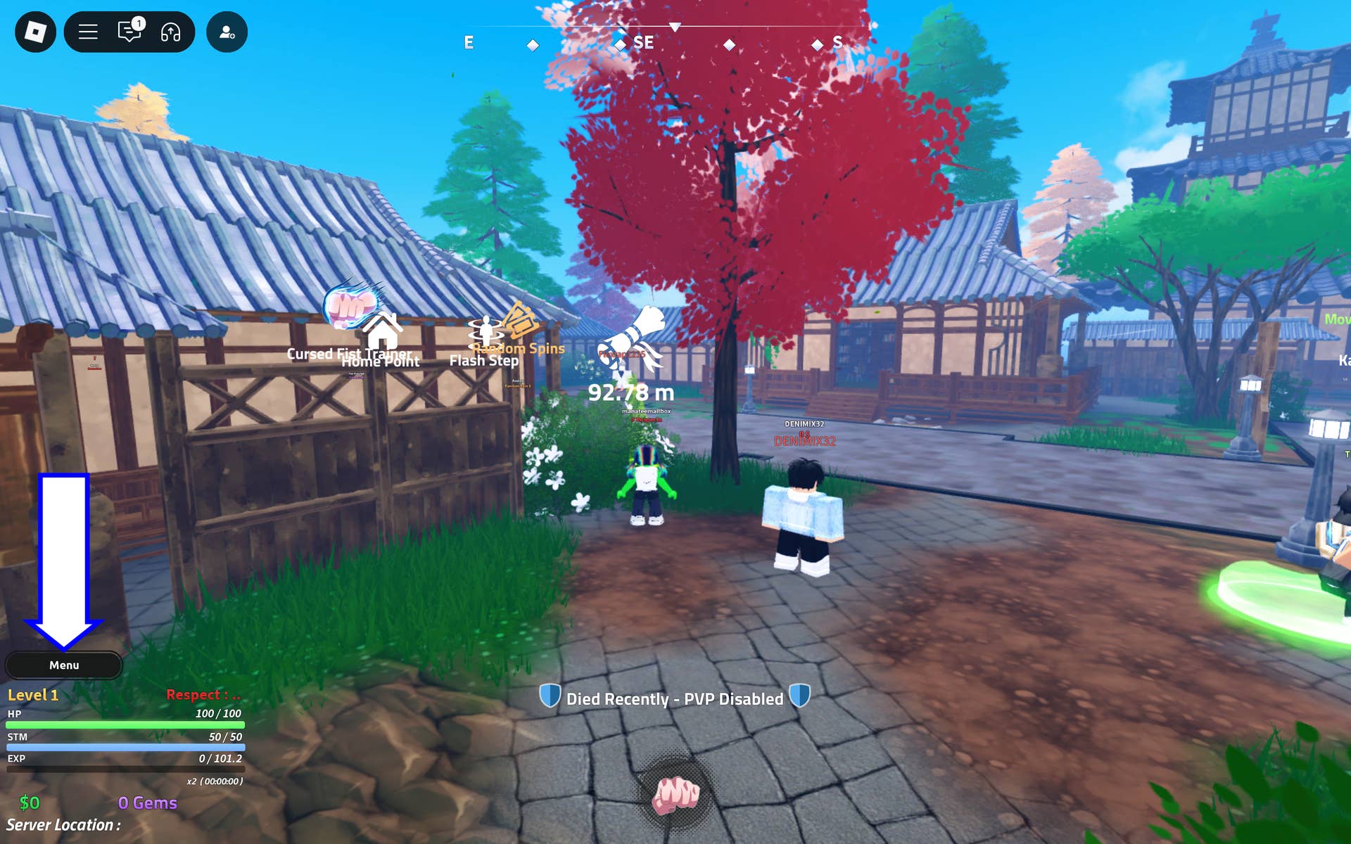 Скриншот Jujutsu Seas в Roblox, показывающий кнопку меню игры.