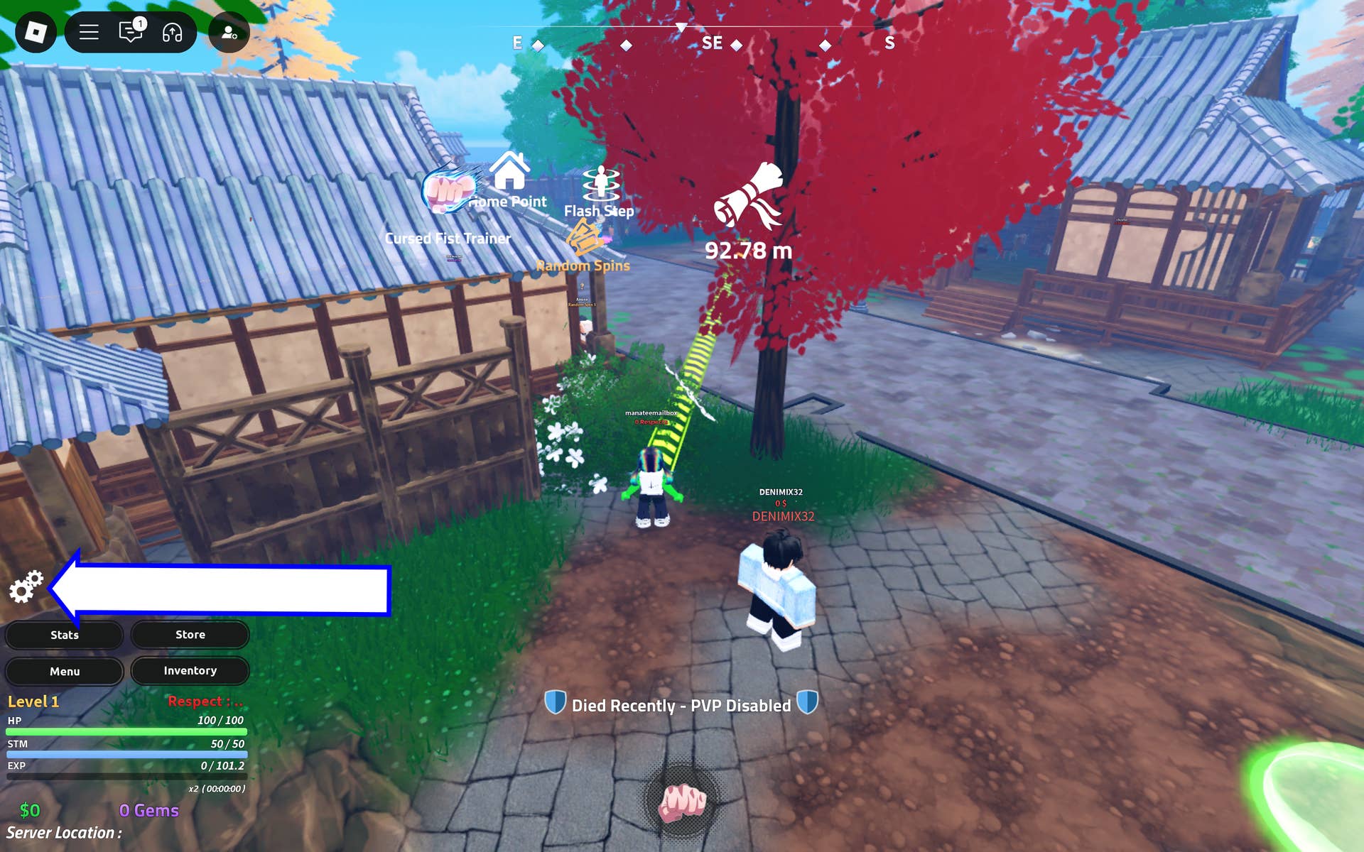 Скриншот Jujutsu Seas в Roblox, показывающий кнопку настроек игры.