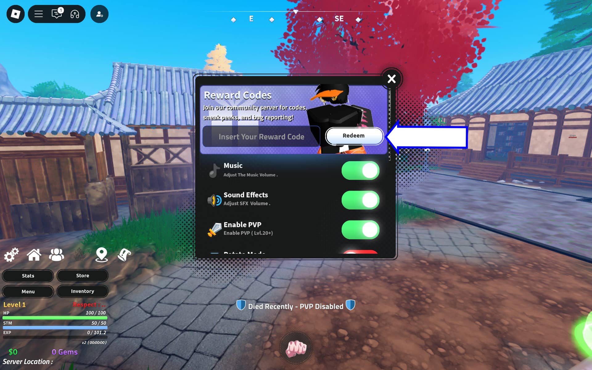 Скриншот Jujutsu Seas в Roblox, показывающий поле для ввода кодов в игре.