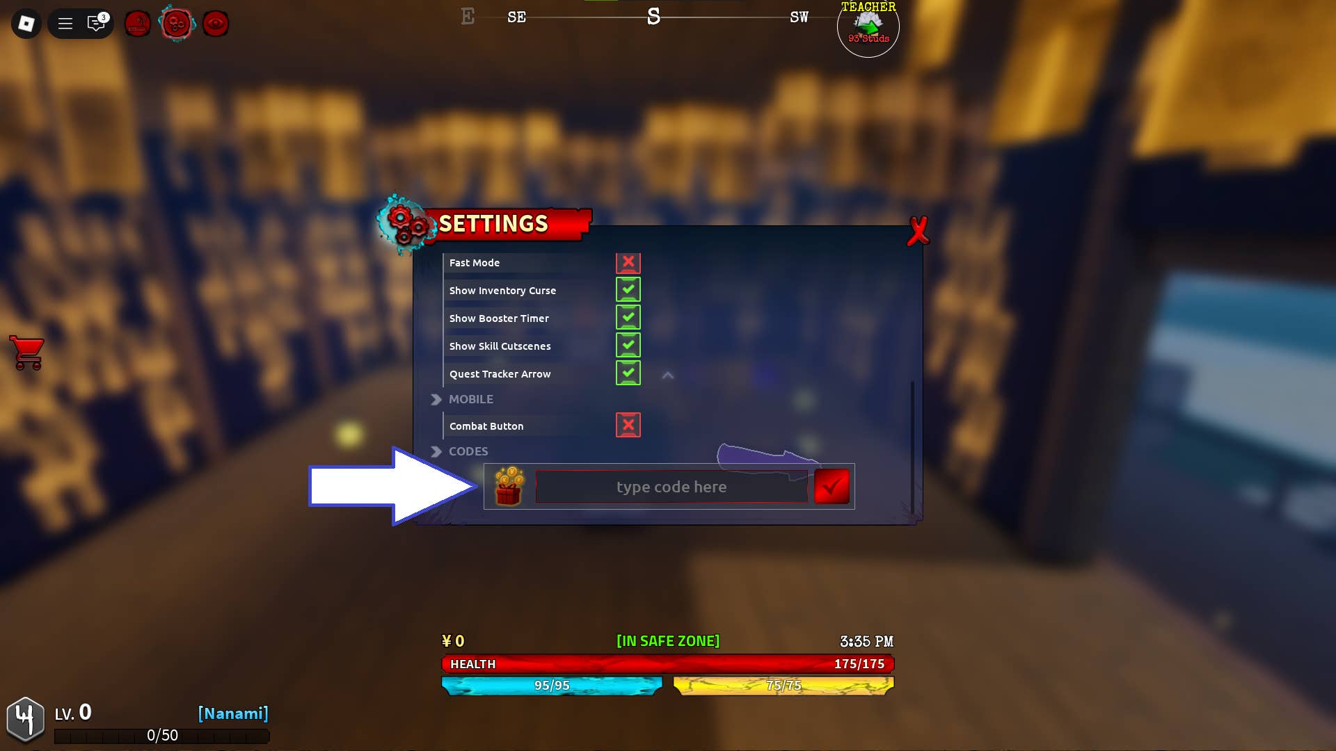 Скриншот Kaizen в Roblox, показывающий поле ввода кода в игре.