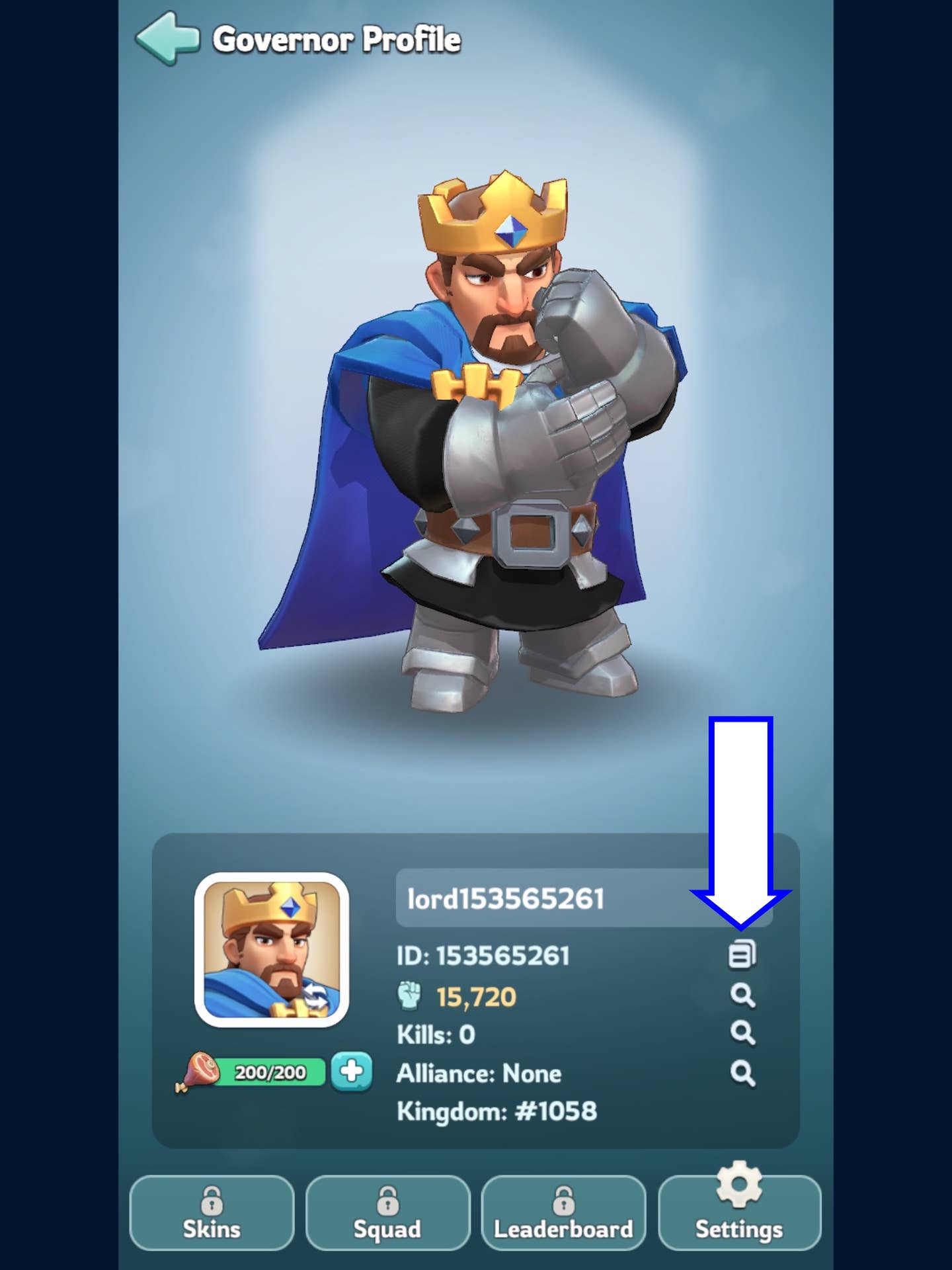 Скриншот Kingshot с кнопкой копирования ID.