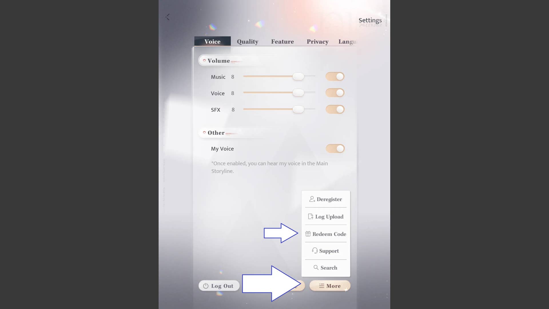 Стрелка, указывающая на кнопку «Активировать код» в настройках