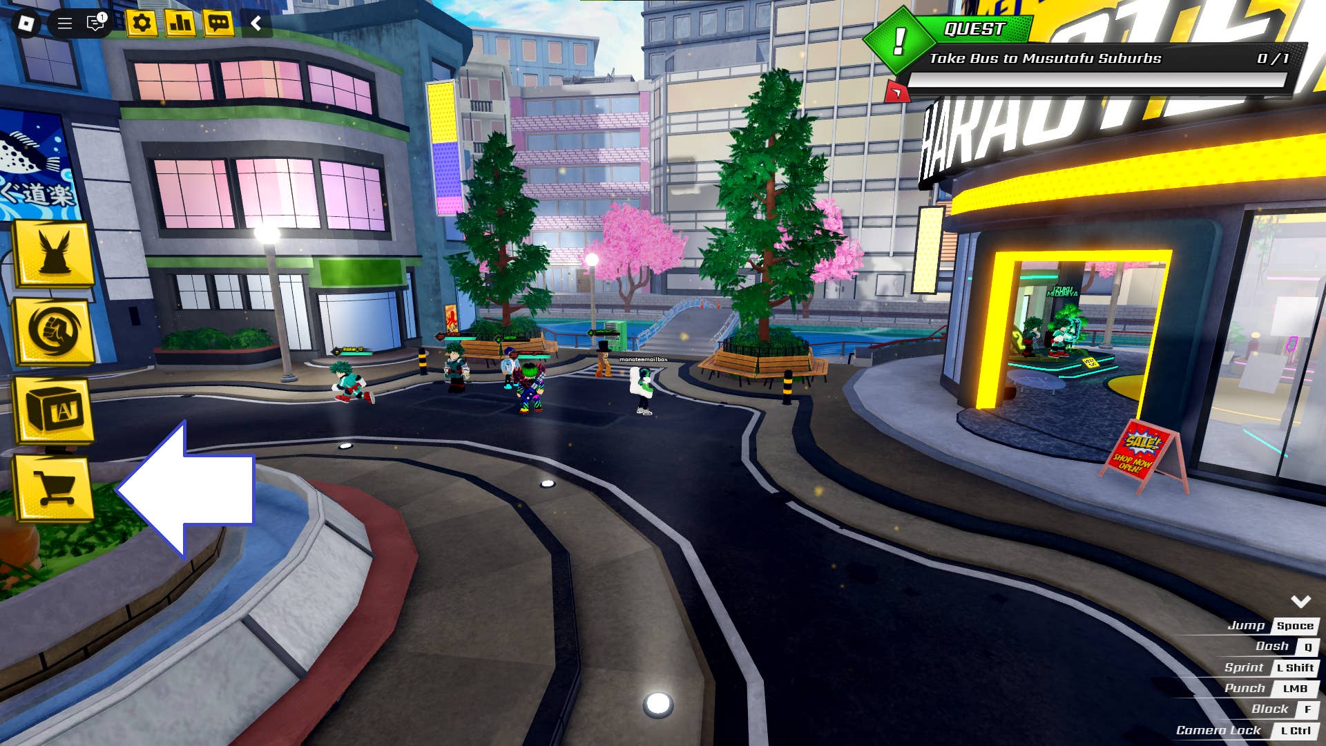 Скриншот My Hero Academia Ultimate в Roblox, показывающий кнопку магазина.