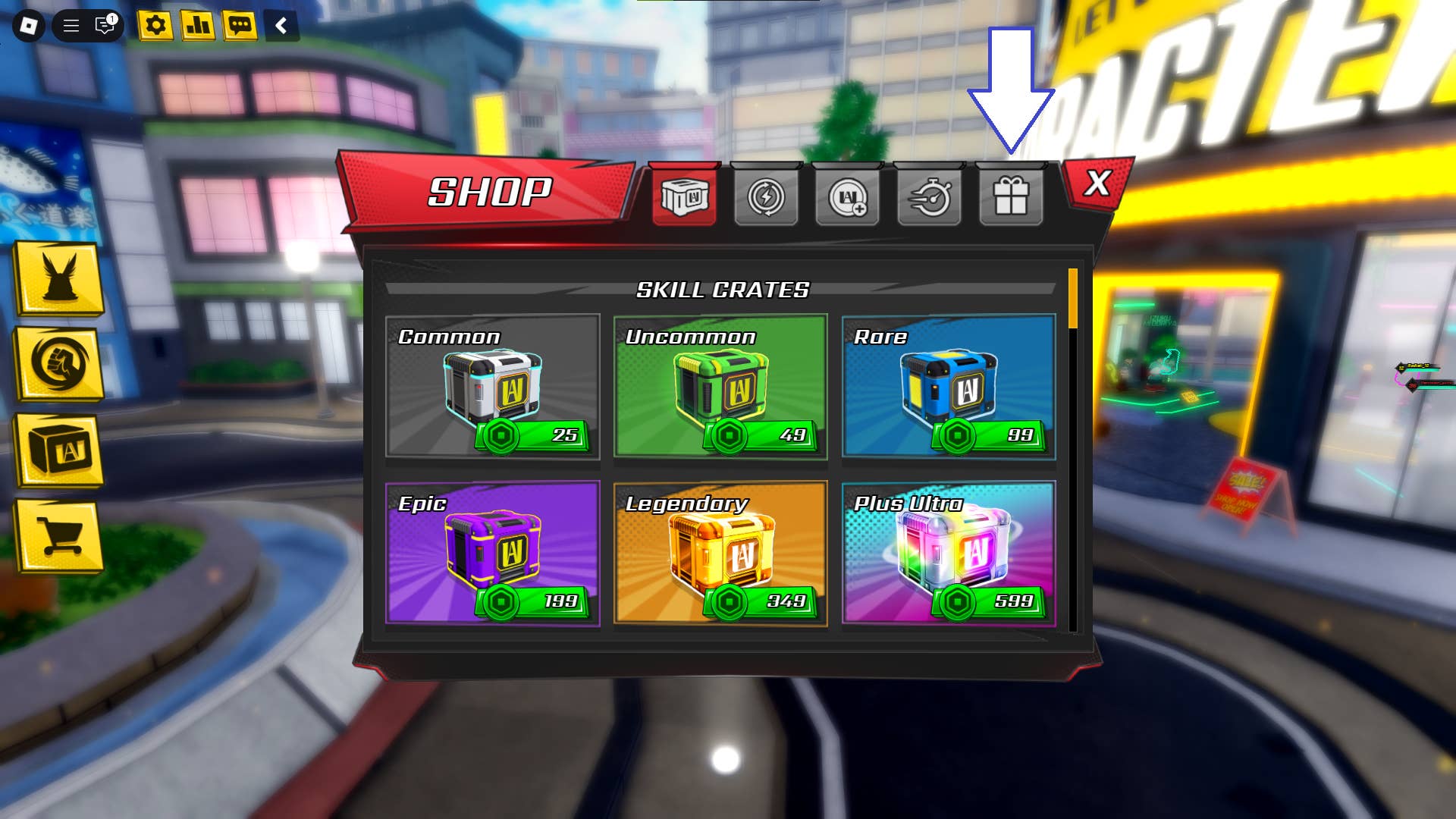 Скриншот My Hero Academia Ultimate в Roblox, показывающий кнопку кодов игры.