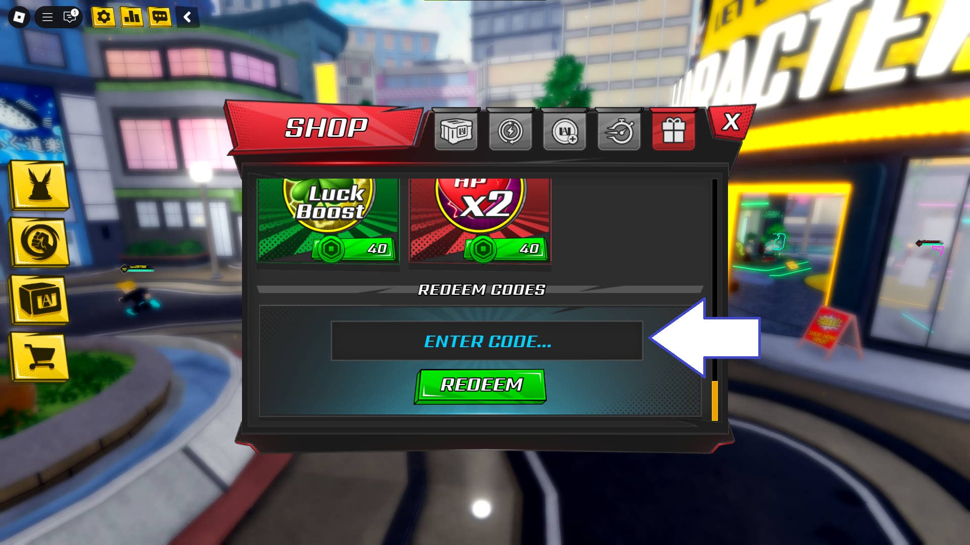 Скриншот My Hero Academia Ultimate в Roblox, показывающий поле для ввода кодов.