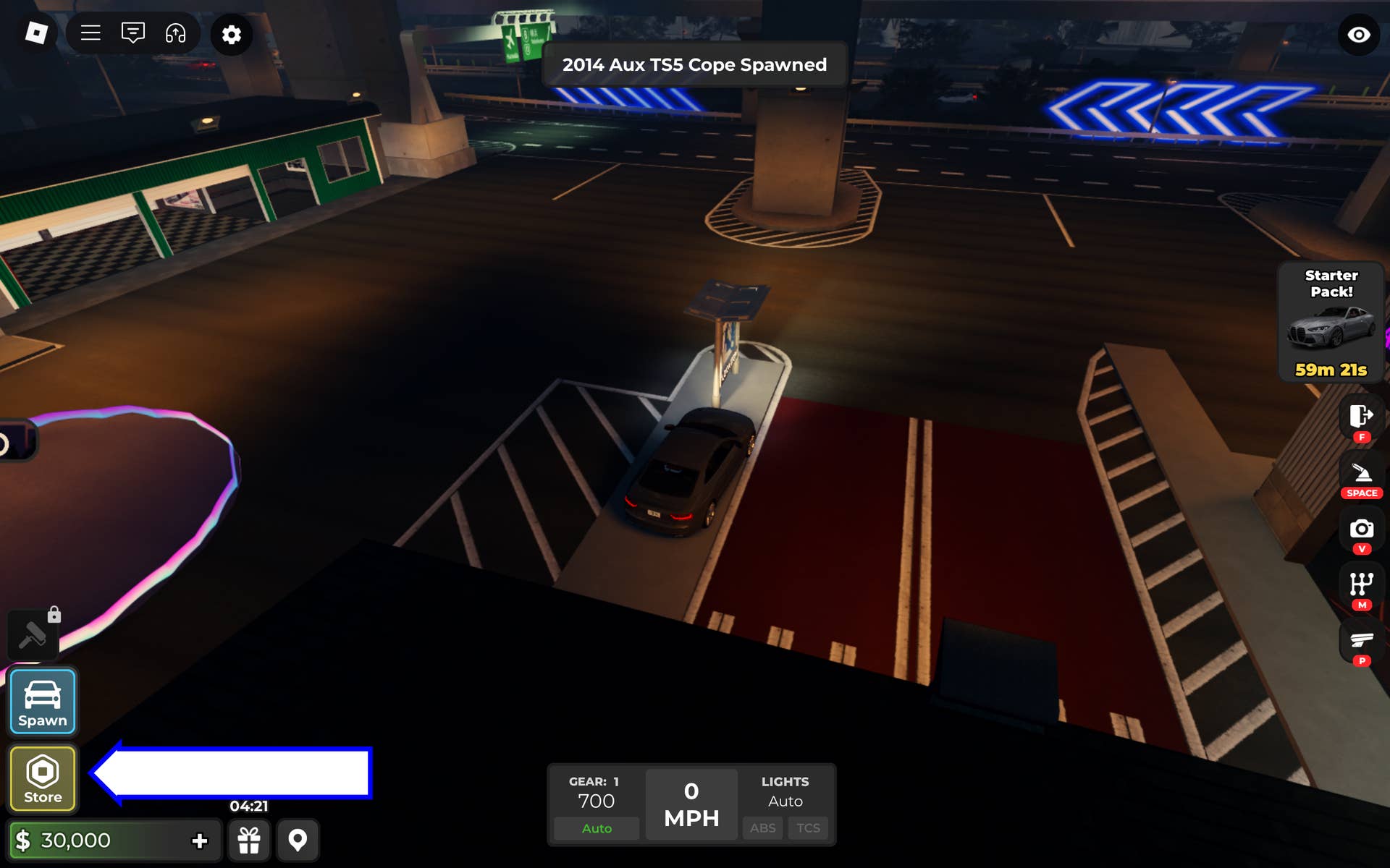 Скриншот Midnight Chasers в Roblox, показывающий кнопку магазина в игре.