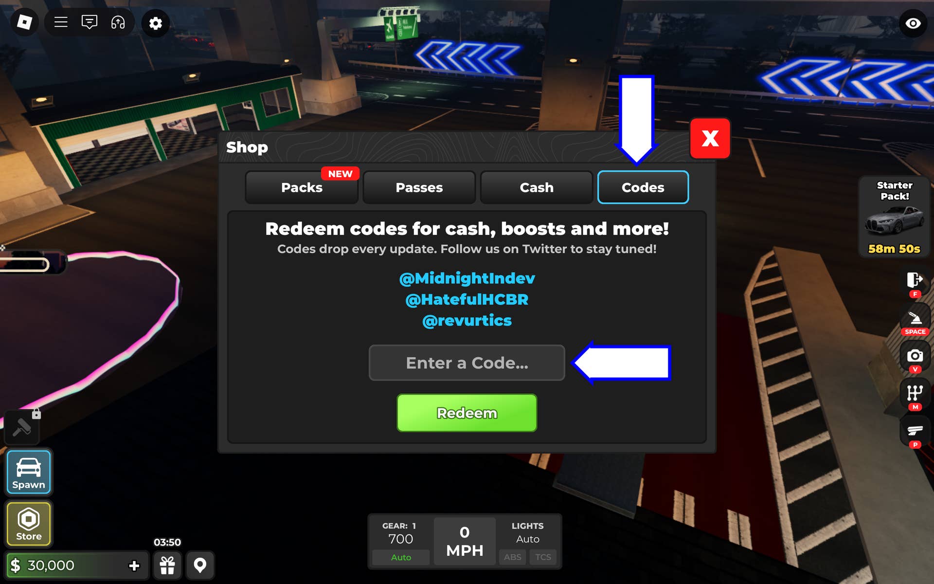 Скриншот Midnight Chasers в Roblox, показывающий кнопку и поле для ввода кода.