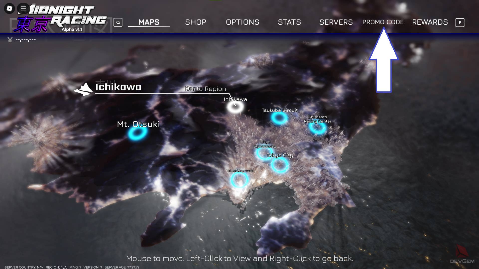 Скриншот Midnight Racing Tokyo в Roblox с кнопкой ввода кода.