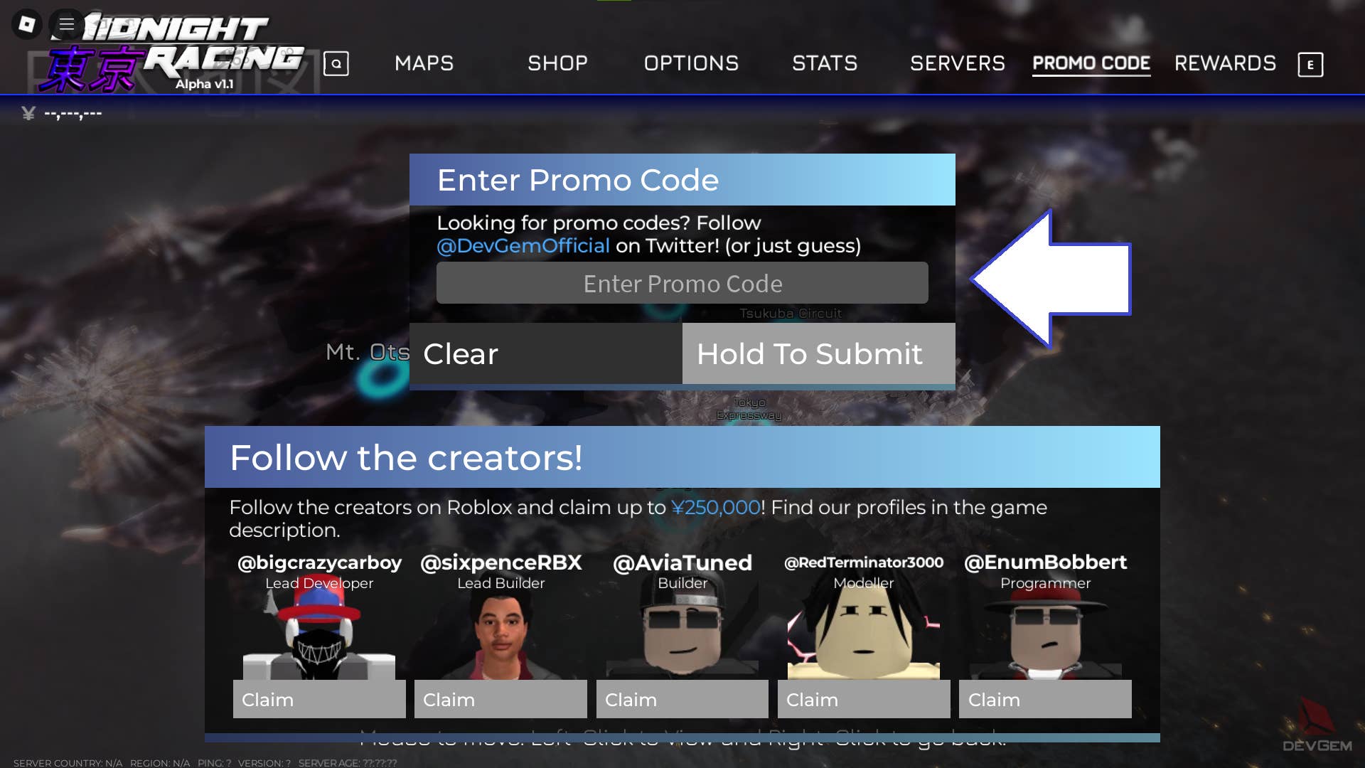 Скриншот Midnight Racing Tokyo в Roblox с полем для ввода кода.