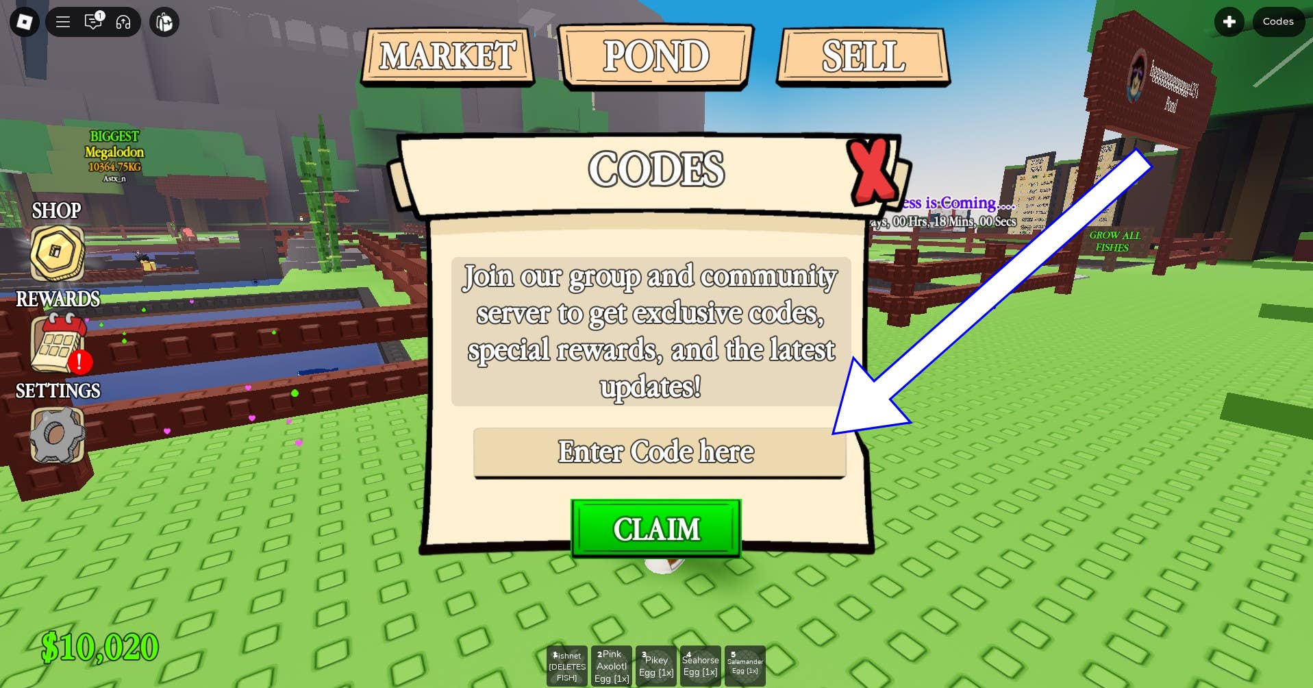 Скриншот Own a Fish Pond в Roblox с экраном для ввода кодов игры.