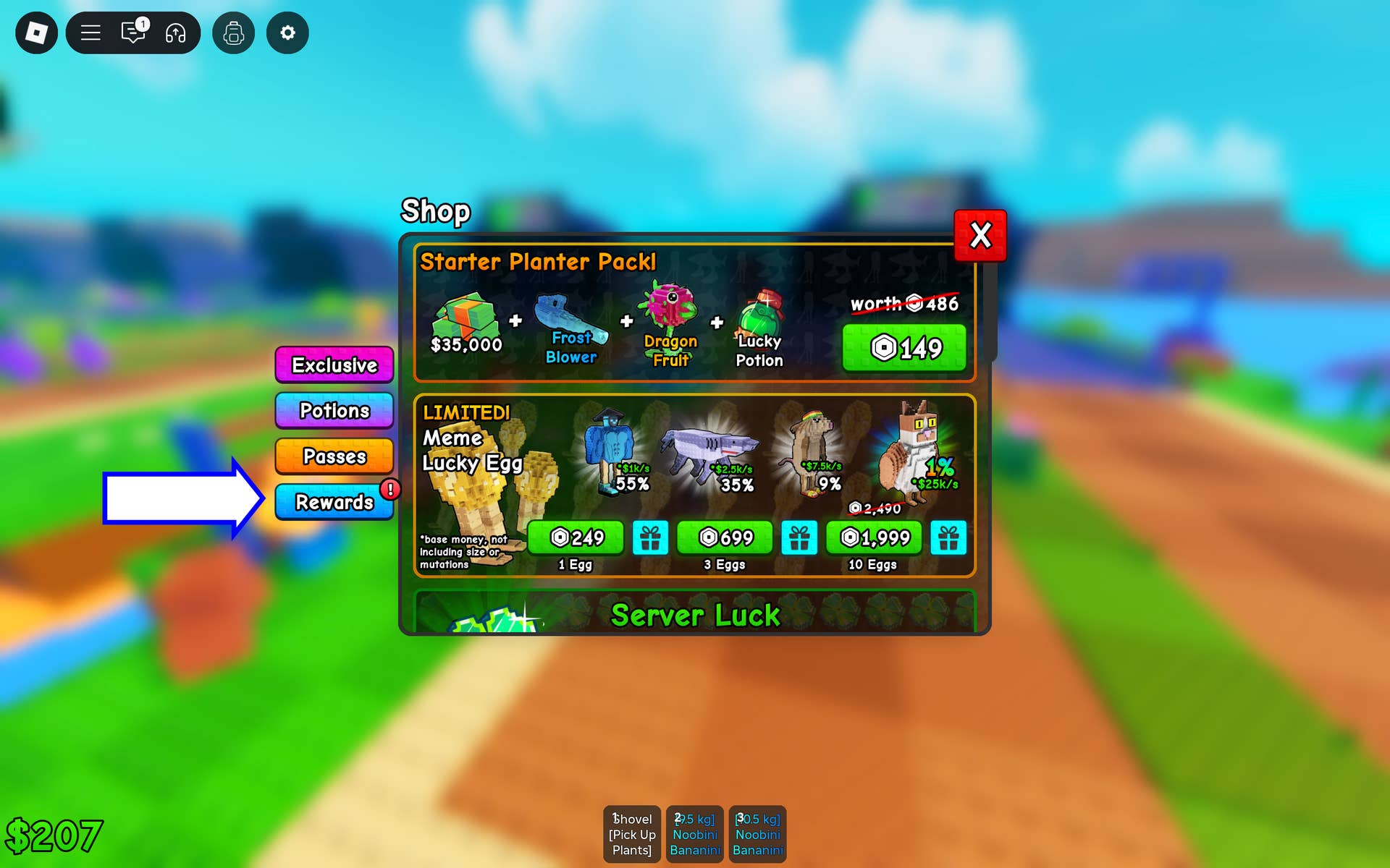 Скриншот Plants vs Brainrots в Roblox, показывающий кнопку наград игры.