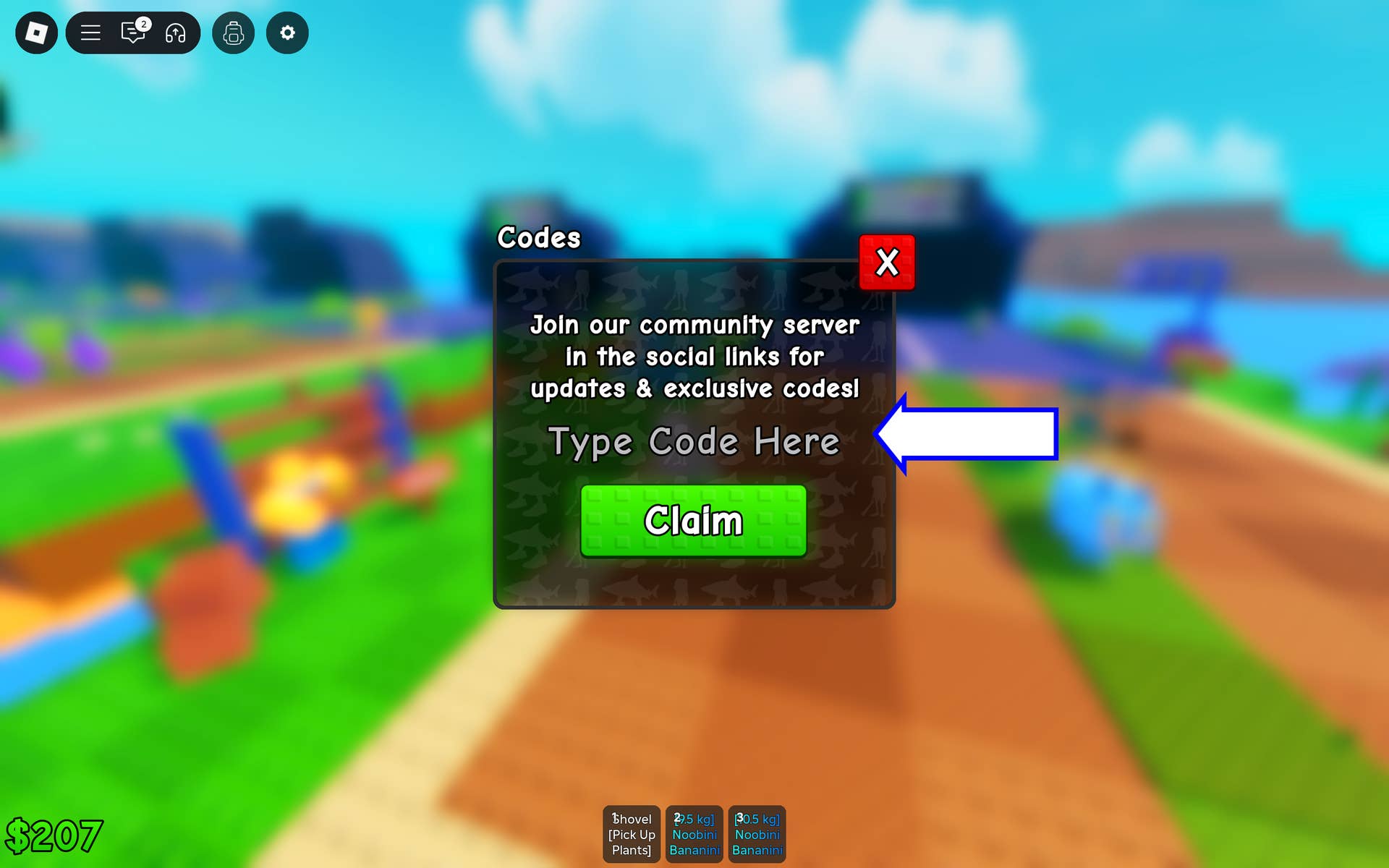 Скриншот Plants vs Brainrots в Roblox, показывающий поле для ввода кода.