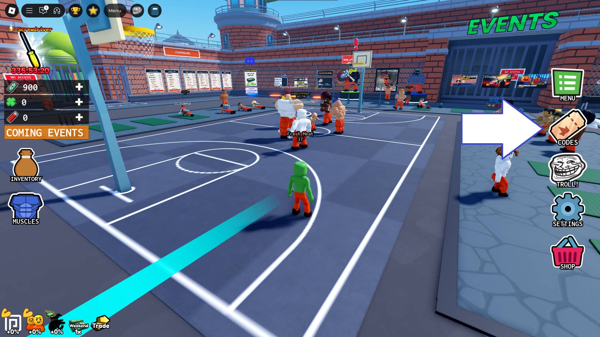 Скриншот Prison Pump в Roblox с отображением кнопки вводa кодов.