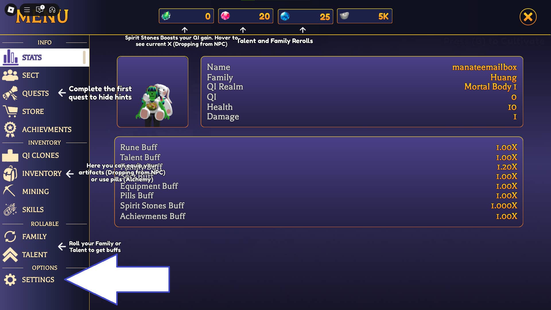 Скриншот Reborn Cultivation в Roblox с кнопкой настроек игры.