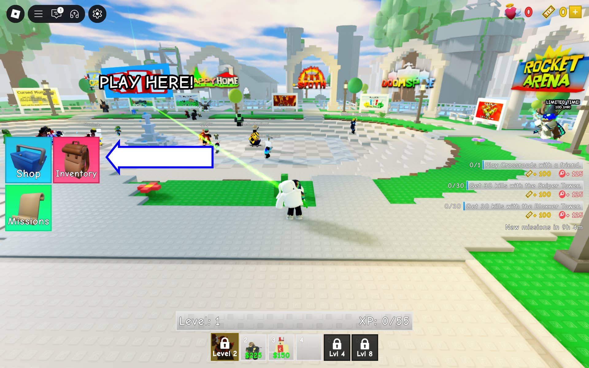 Скриншот Retro Tower Defense в Roblox с показанной кнопкой инвентаря.