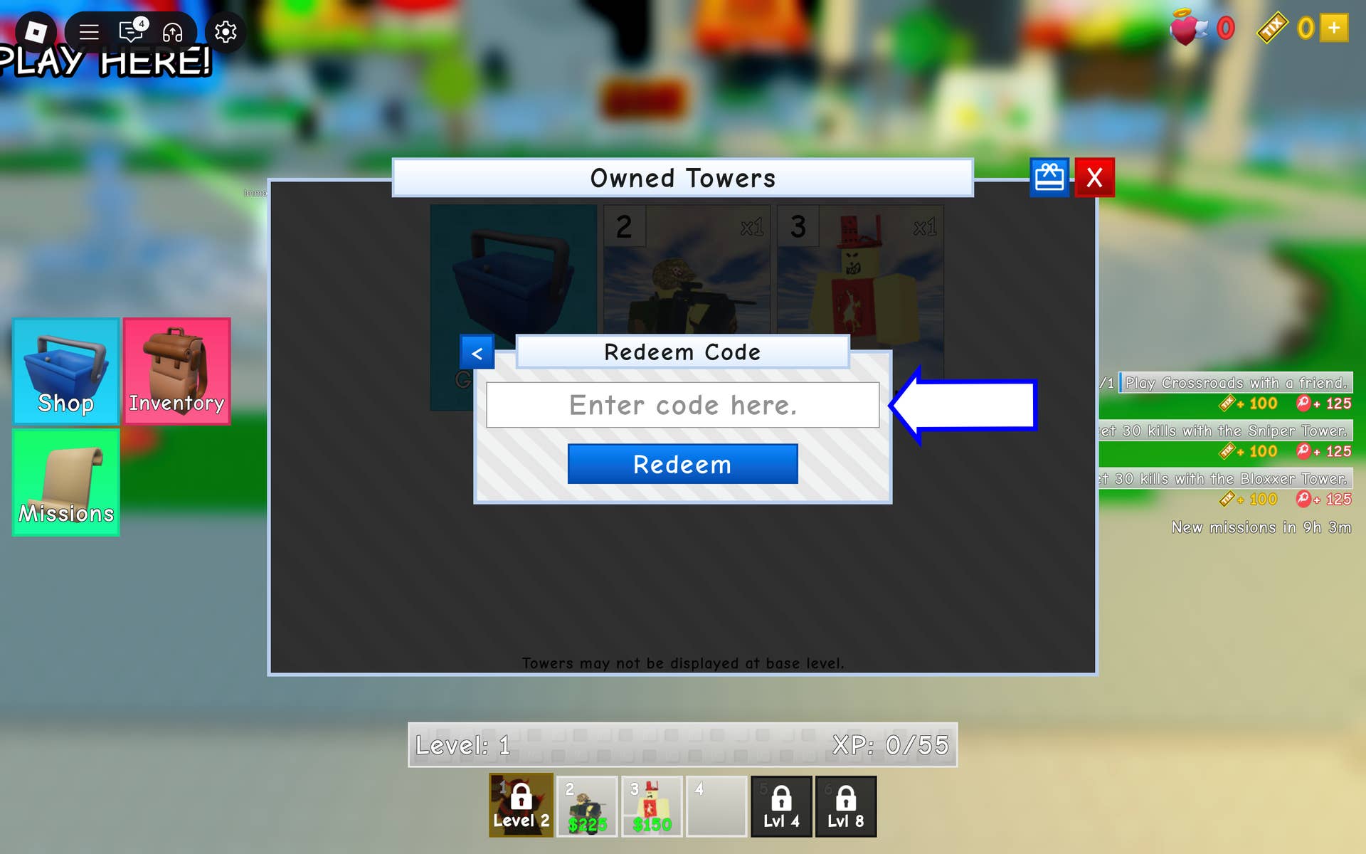 Скриншот Retro Tower Defense в Roblox с показанным полем ввода кодов.