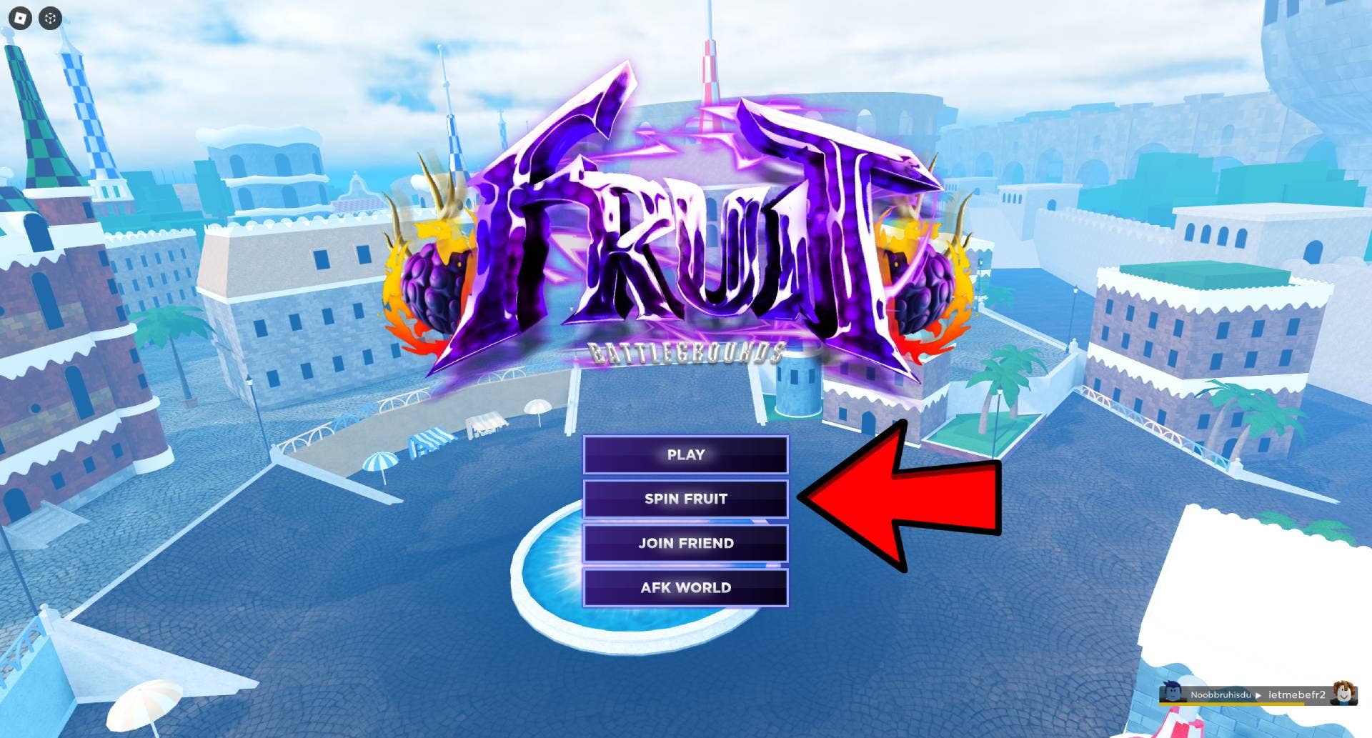 Главное меню Fruit Battlegrounds с указателем на опцию Spin Fruit.