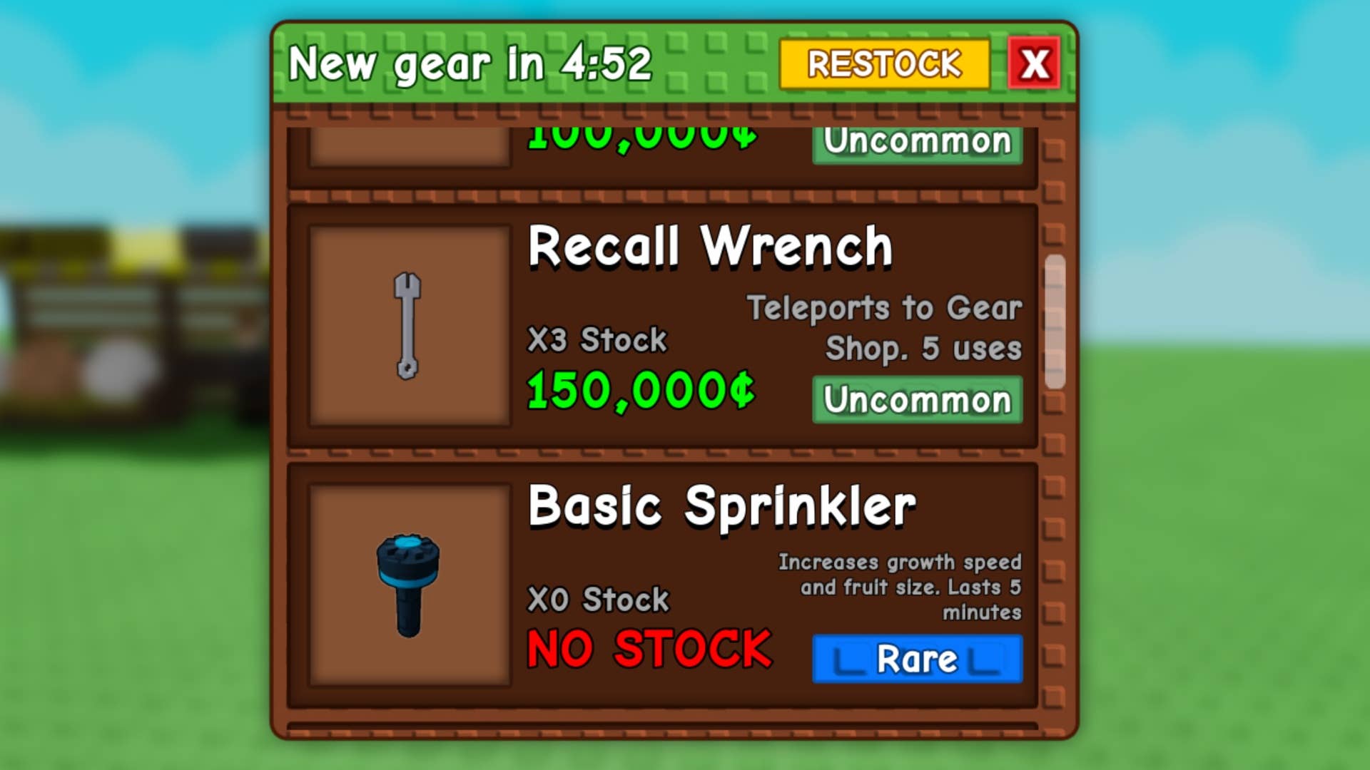 меню магазина снаряжения Grow a Garden