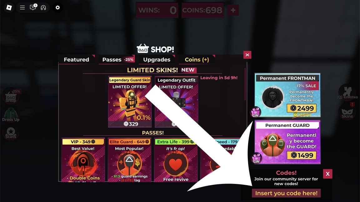 Стрелка, указывающая на меню «Коды» в Roblox-игре Squid Game X.