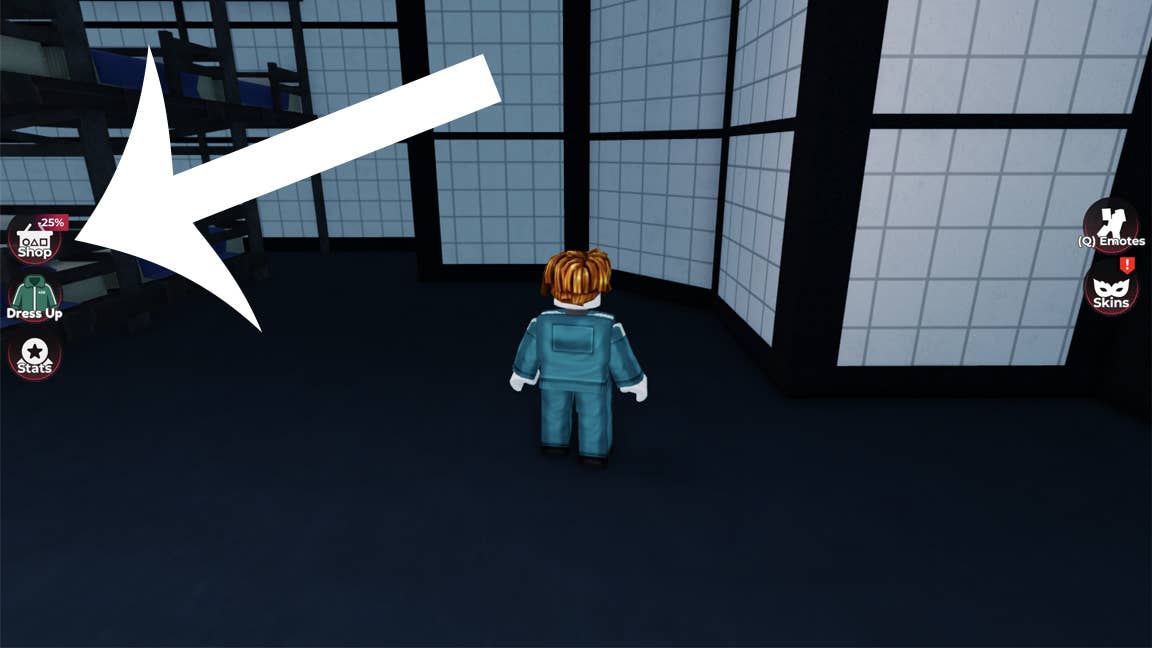 Стрелка, указывающая на кнопку «Магазин» в Roblox-игре Squid Game X.
