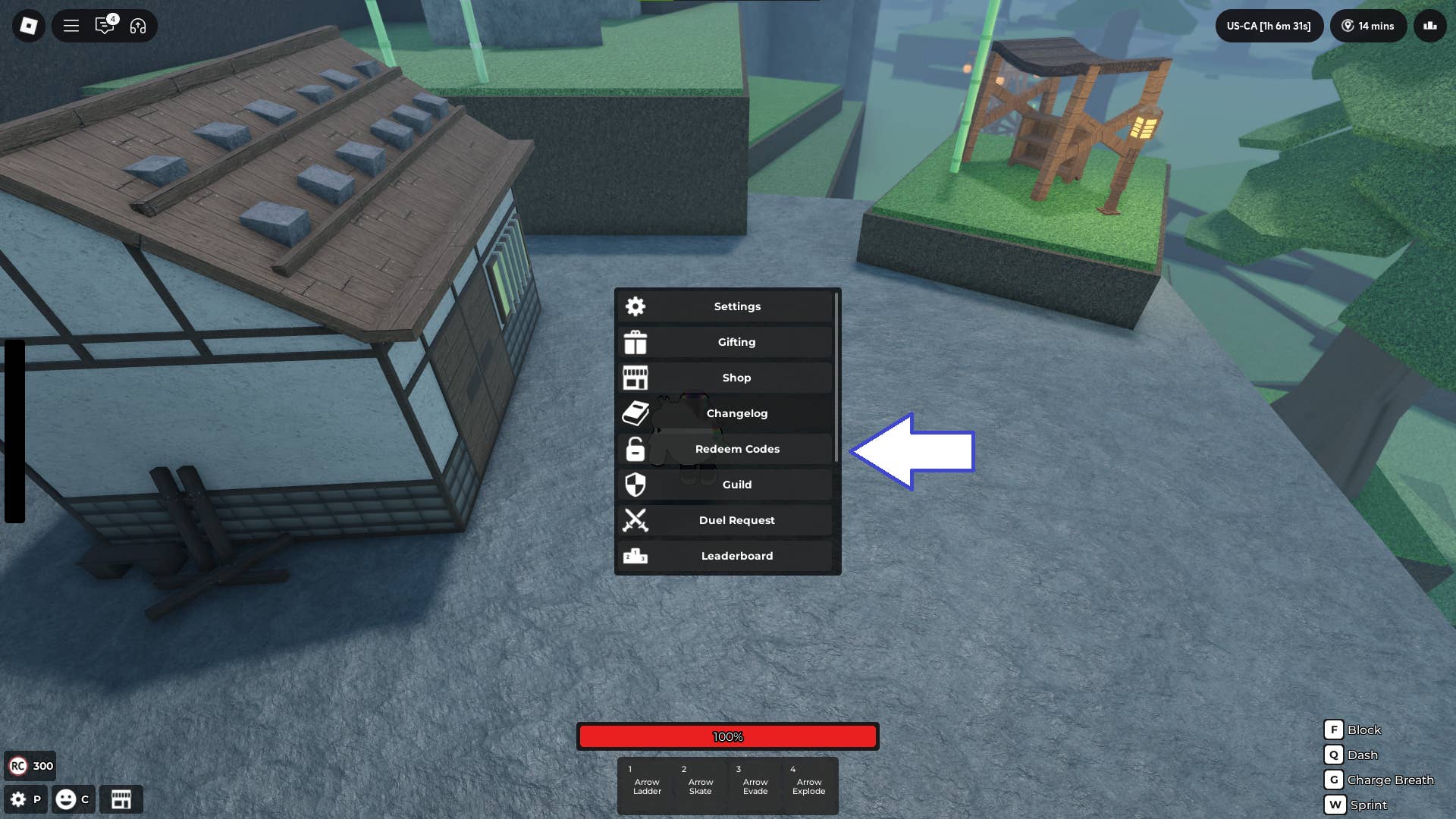 Скриншот Rogue Demon в Roblox, показывающий кнопку активации кода в игре.