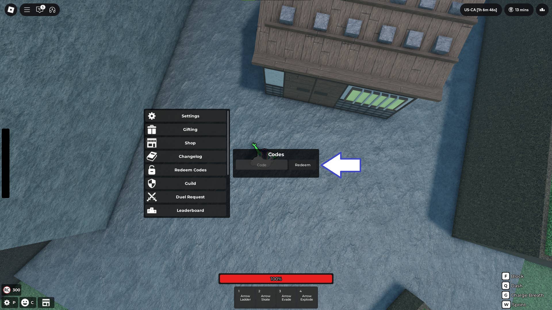 Скриншот Rogue Demon в Roblox, показывающий поле ввода кода.
