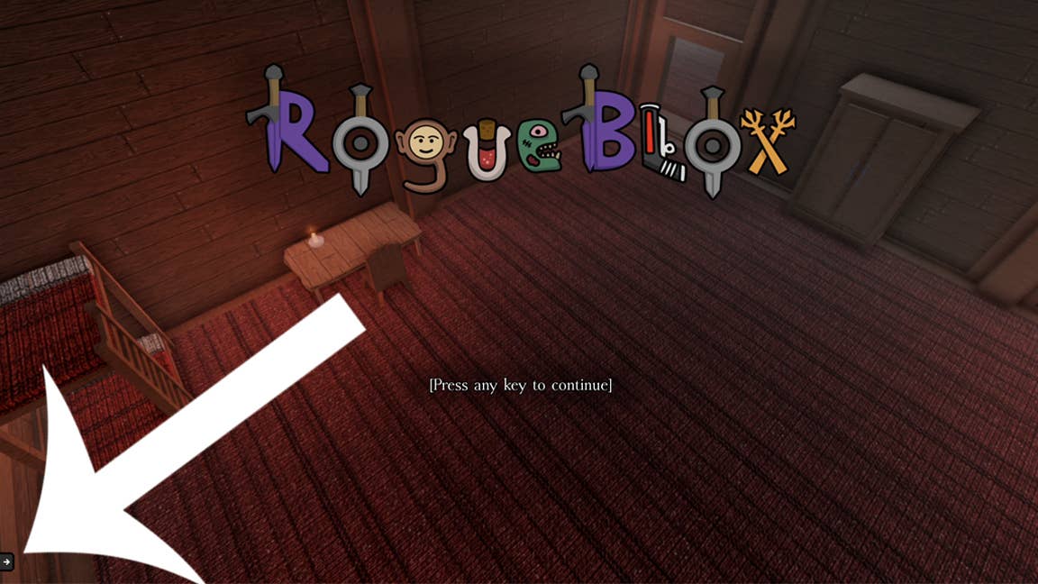 Стрелка, указывающая на кнопку меню кодов в игре Rogueblox на Roblox.