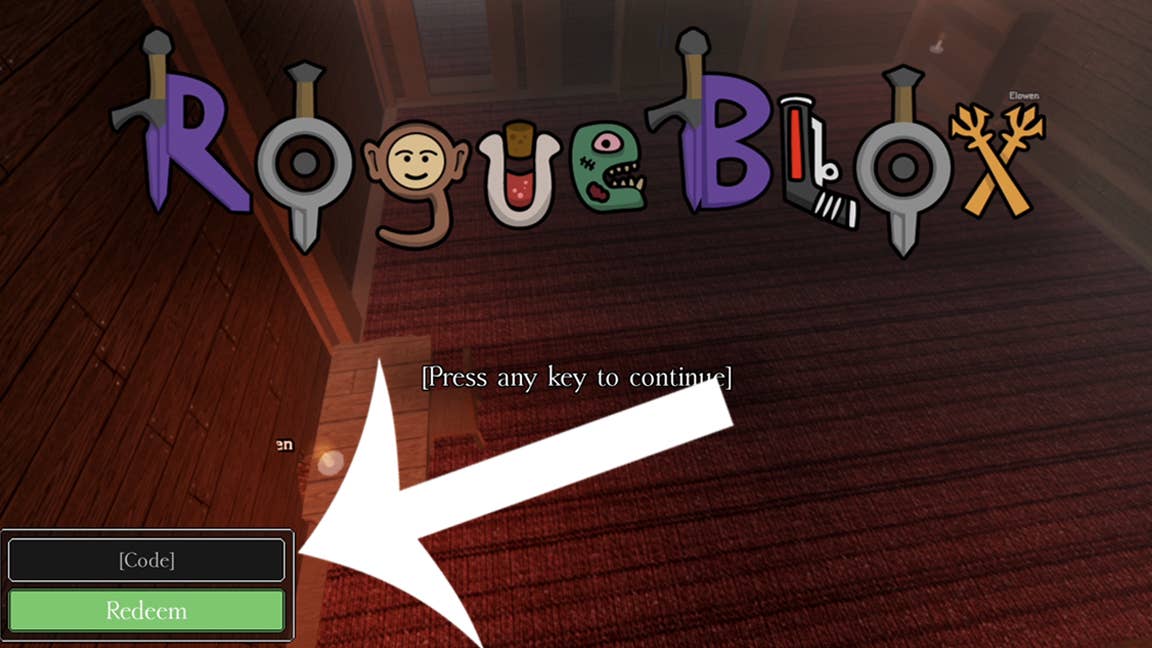 Стрелка, указывающая на меню кодов в игре Rogueblox на Roblox.