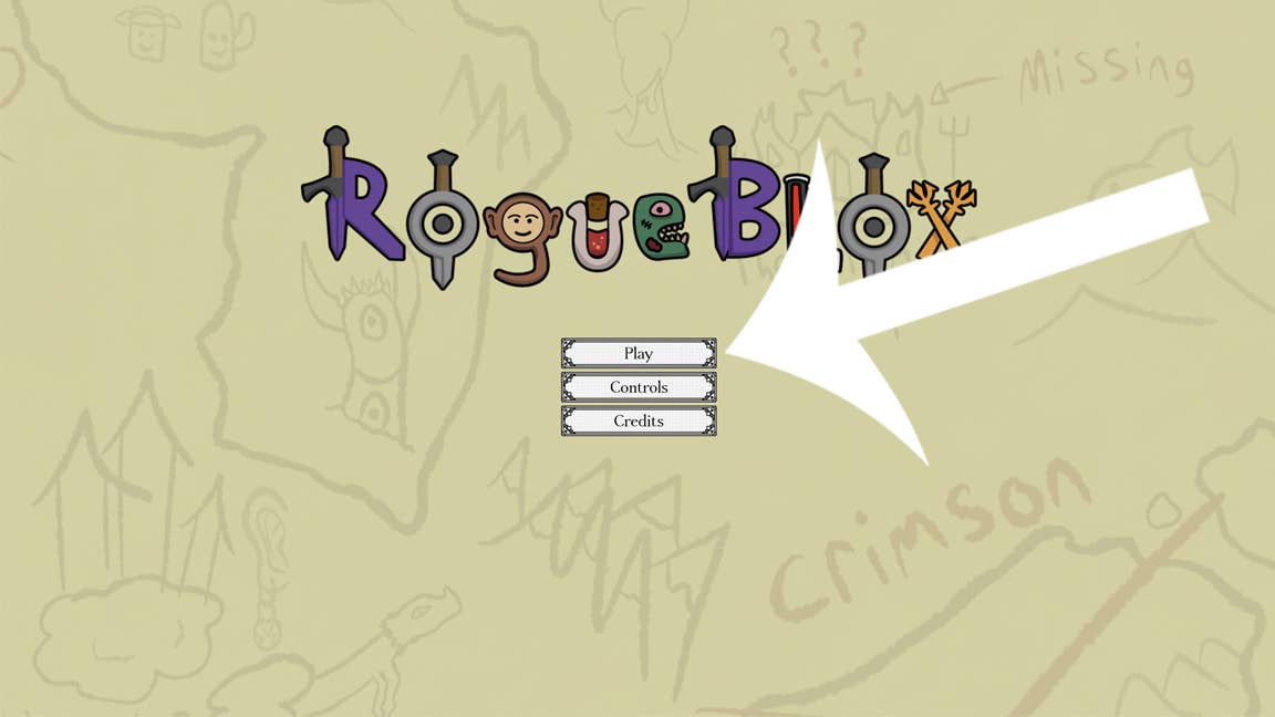 Стрелка, указывающая на кнопку «Play» в главном меню игры Rogueblox на Roblox.