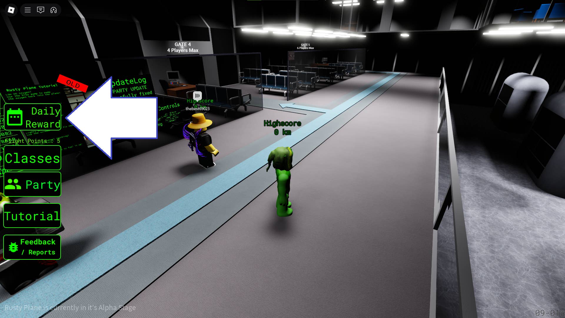 Скриншот Rusty Plane в Roblox с кнопкой наград в игре.