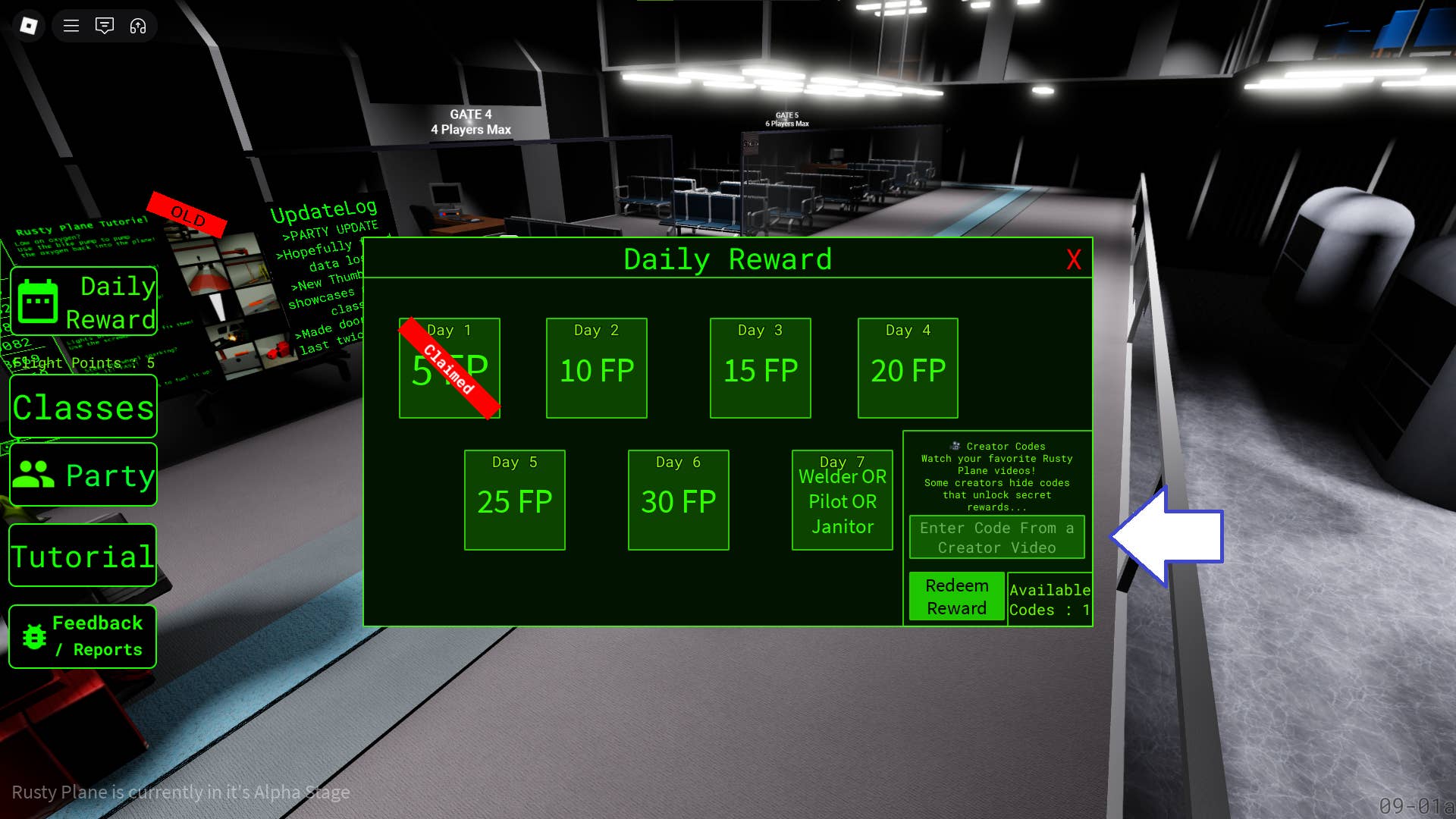 Скриншот Rusty Plane в Roblox с полем для ввода кодов.