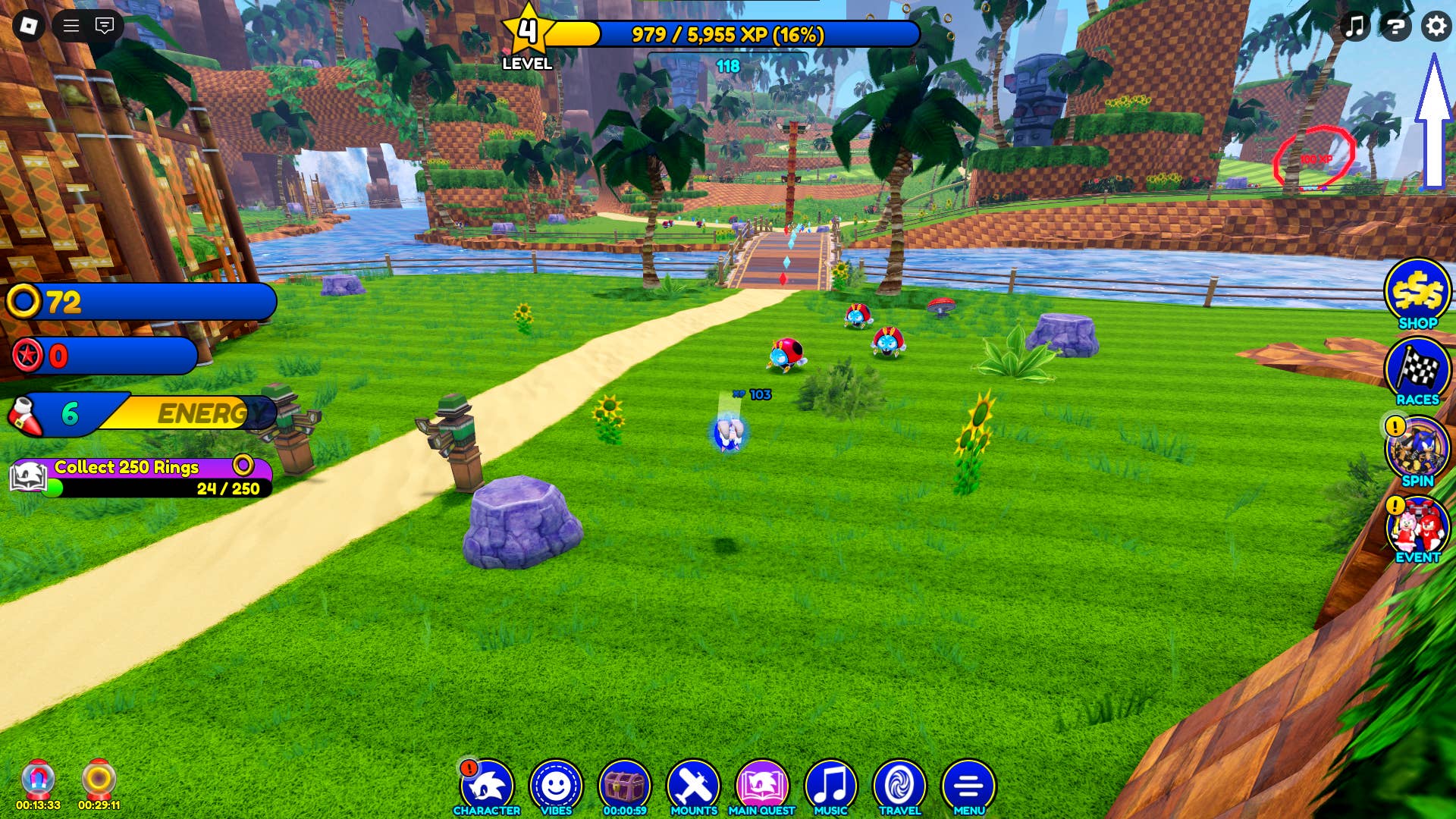 Скриншот Sonic Speed Simulator в Roblox, показывающий кнопку настроек игры.