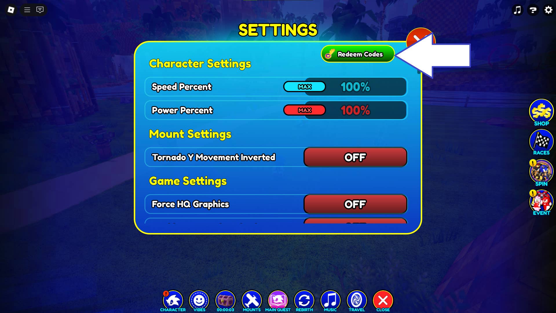 Скриншот Sonic Speed Simulator в Roblox, показывающий кнопку кодов в игре.