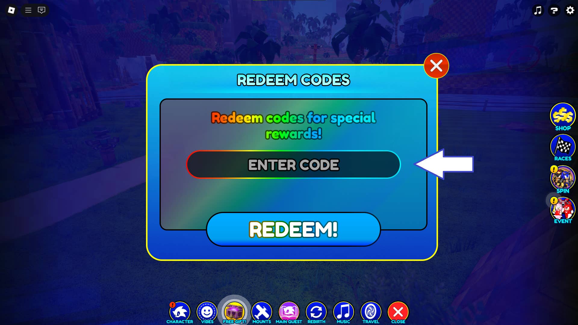 Скриншот Sonic Speed Simulator в Roblox, показывающий поле для ввода кода.