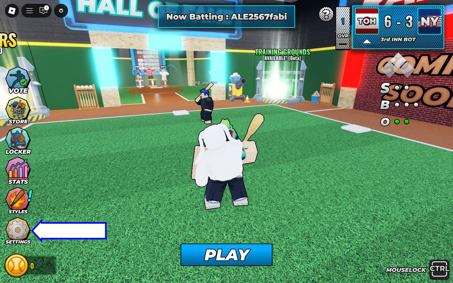 Скриншот Superstar Baseball в Roblox, показывающий кнопку настроек игры.