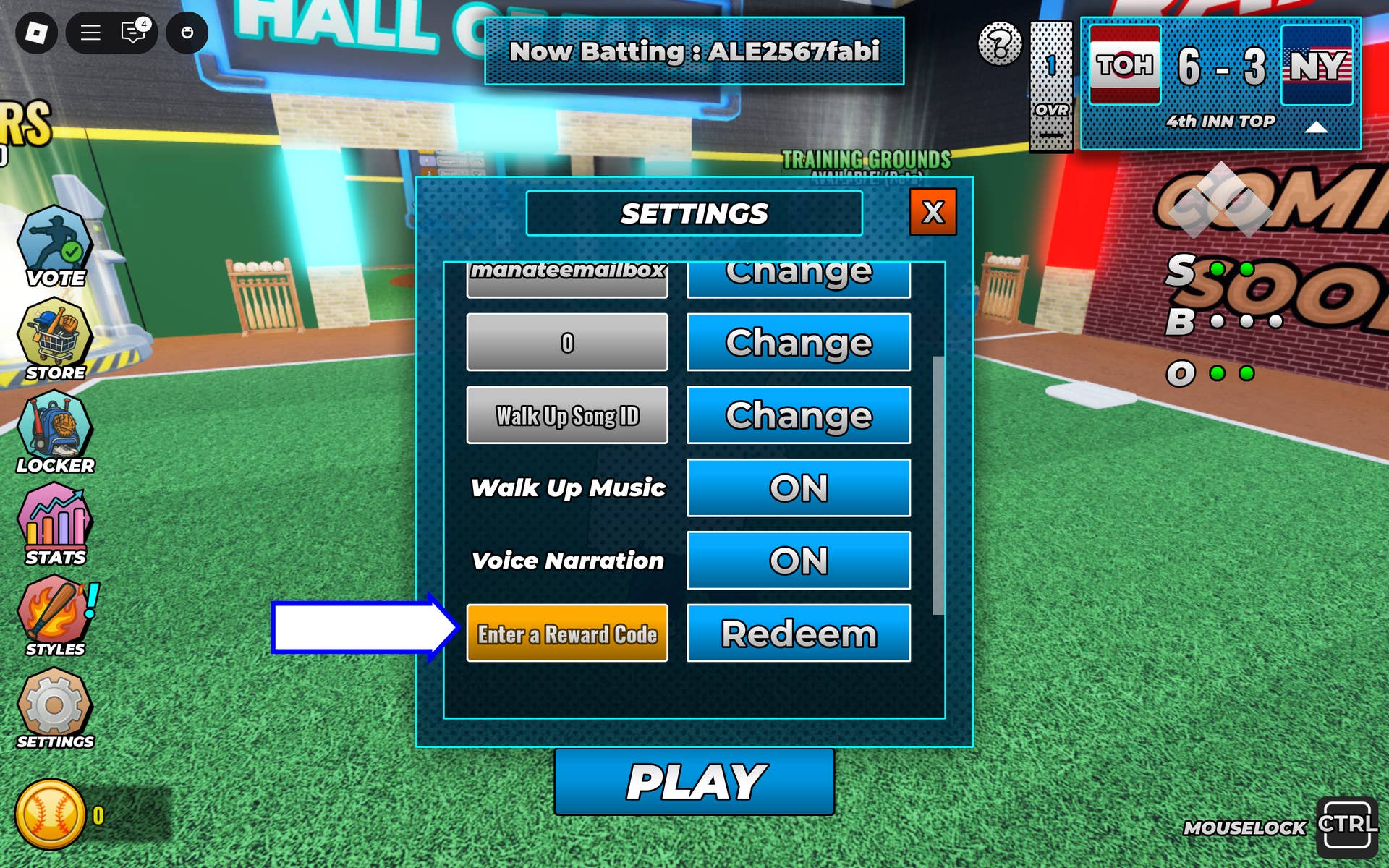 Скриншот Superstar Baseball в Roblox, показывающий поле для ввода кодов.