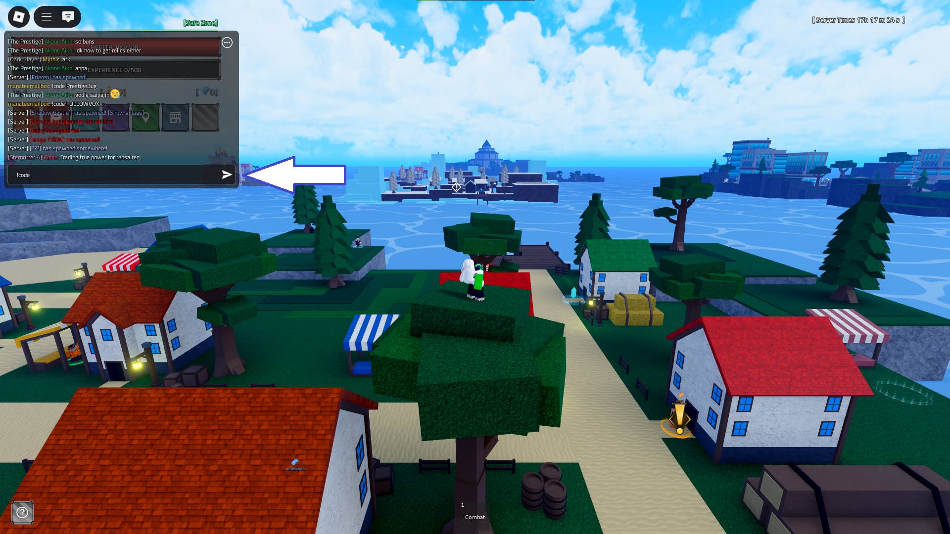 Скриншот Verse Piece в Roblox с показанным полем чата игры.